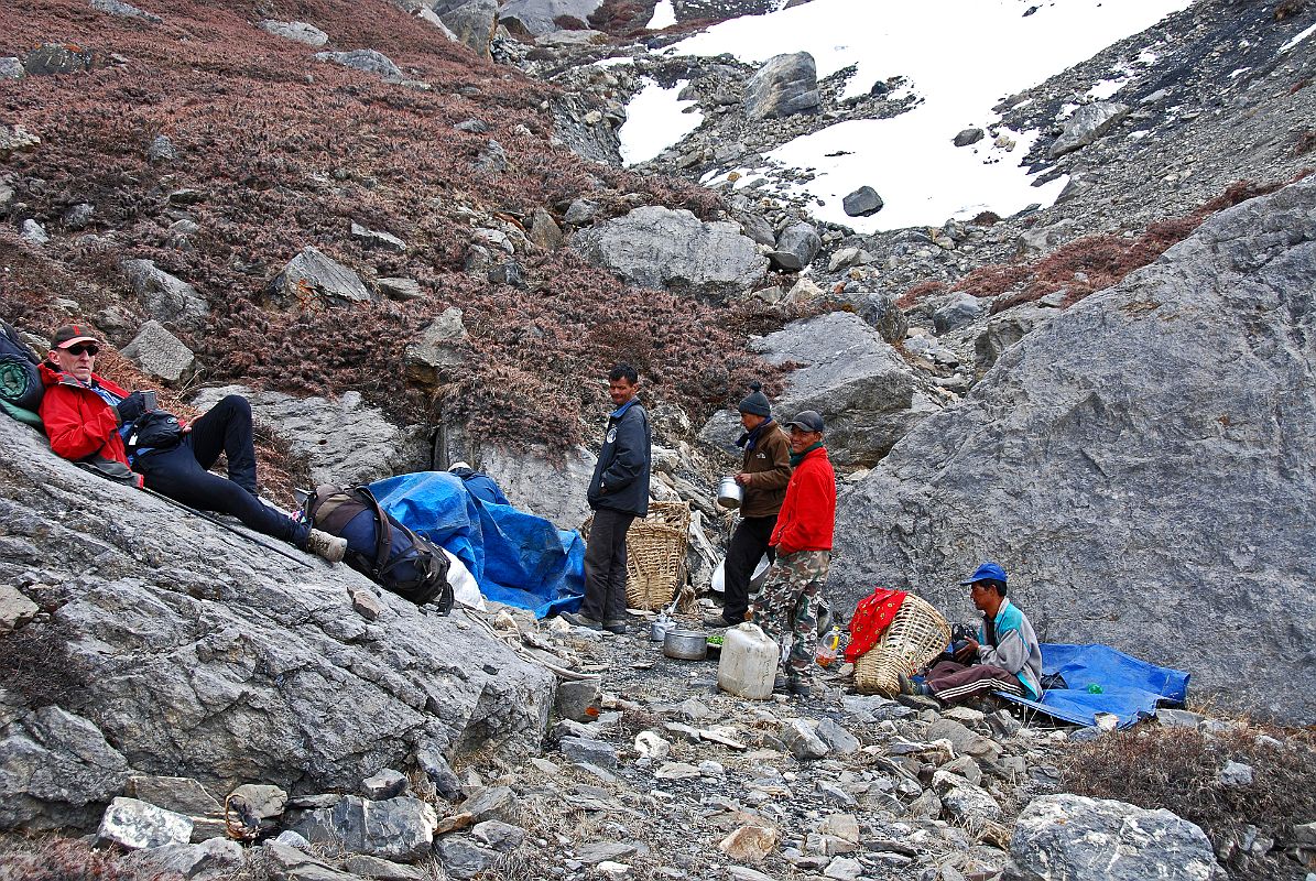 12 Jerome Ryan Rests While Crew Make Lunch Just Below Mesokanto La Whew! It was a really hard morning climbing from the kharka (3460m) up 1500m to have our lunch at the bottom of the Mesokanto La.